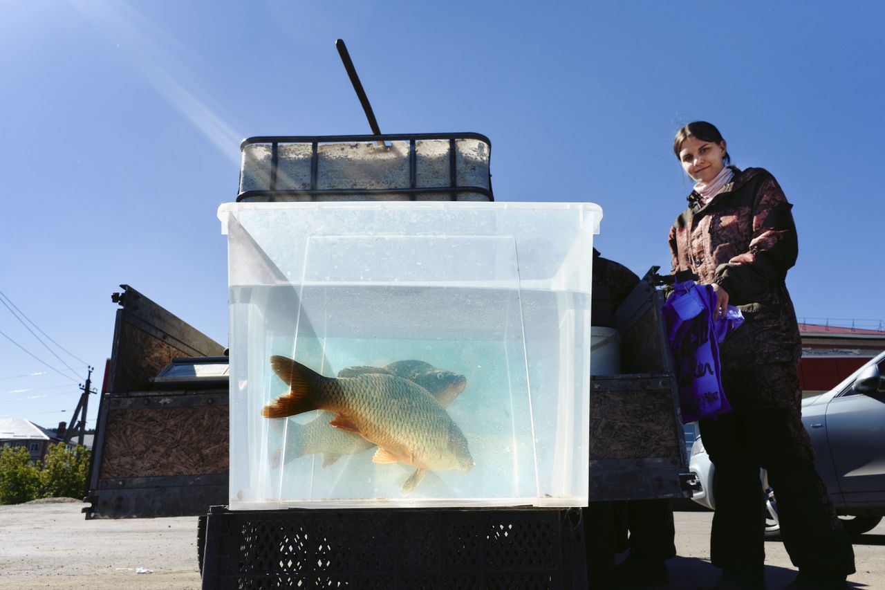 A woman stands by an outdoor tank containing live fish, under a clear sky.
